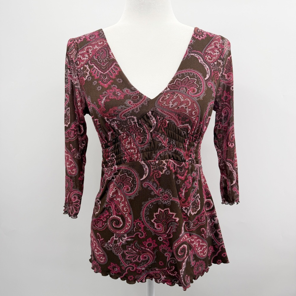 Vintage Y2K‎ Babydoll Long Sleeve Mesh Top in Paisley Pink Brown Size Medium